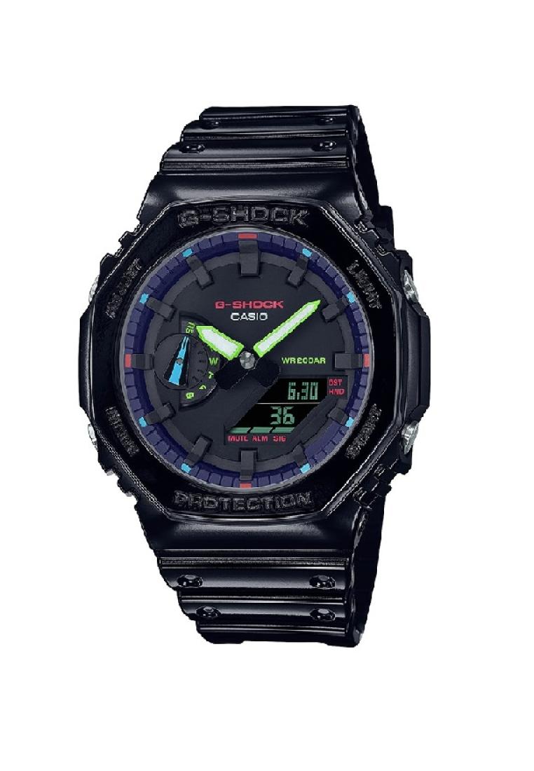 Casio G-Shock Black Glossy Resin Strap 200 Meter World Time Watch GA-2100RGB-1ADR