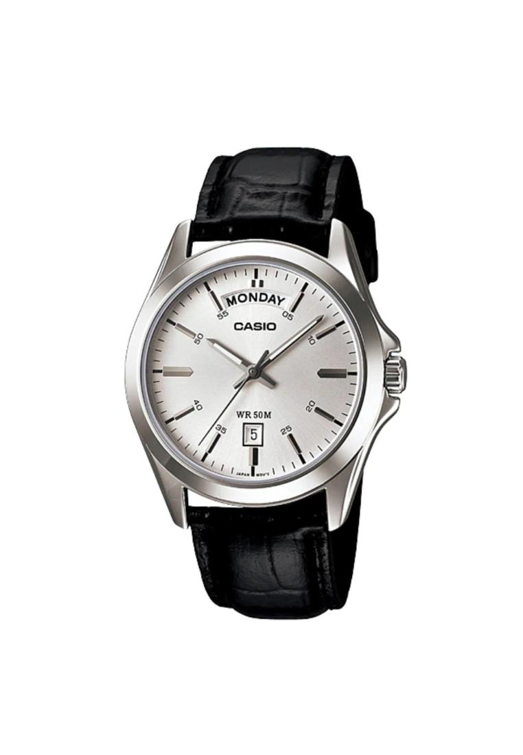 Casio 日期顯示正品白色錶盤黑色皮革男士手錶 MTP-1370L-7AVDF-P