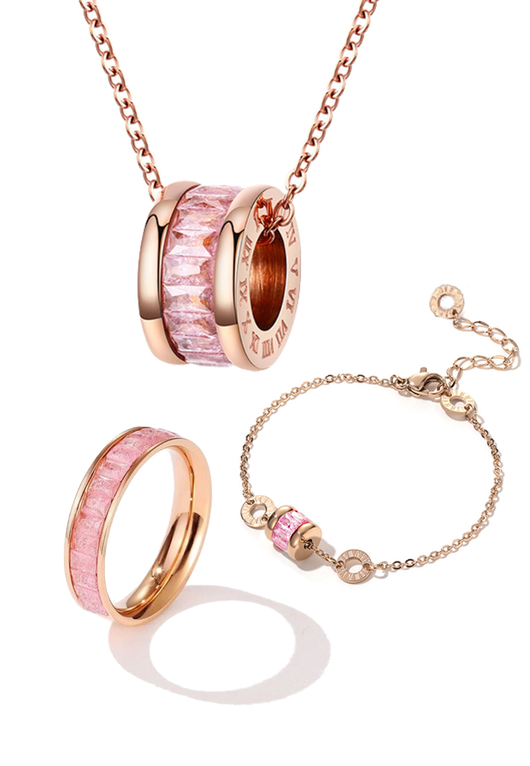CELOVIS - 粉色火山石項鍊+ 手鍊 + 戒指套裝