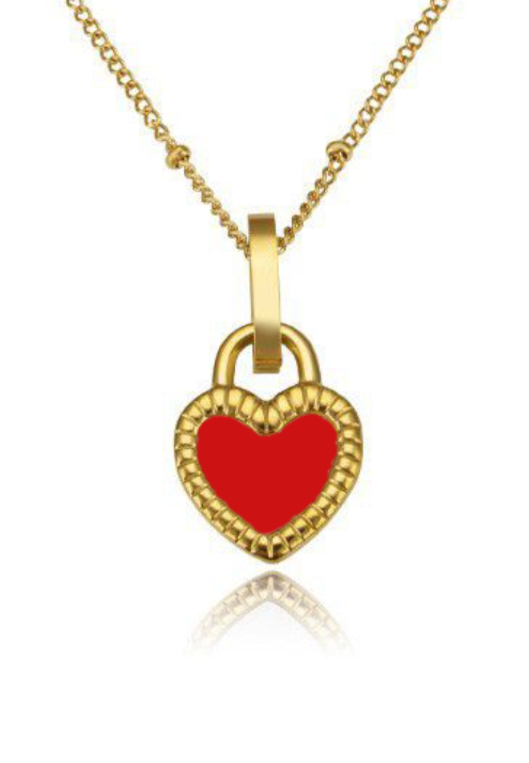 CELOVIS - Passionate Love 雙面心形墜飾配紅黑色陶瓷鑲嵌鍊條項鍊 （金色）