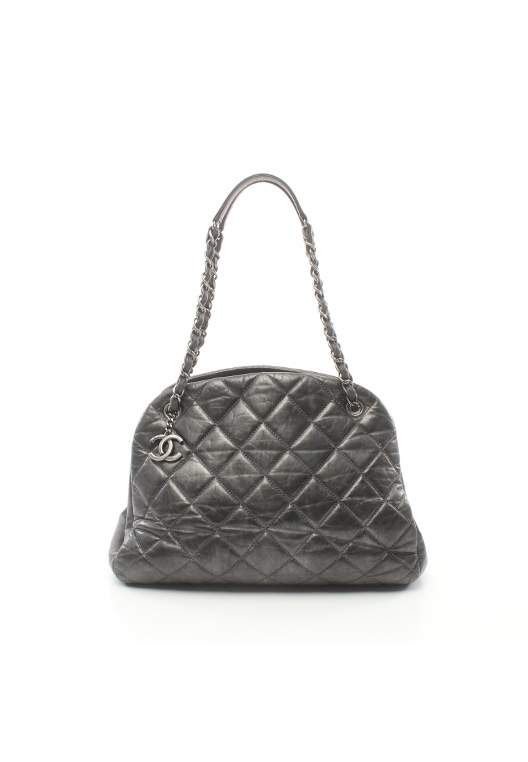 二奢 Pre-loved Chanel mademoiselle bowling bag chain shoulder bag leather Dark gray antique silver hardware