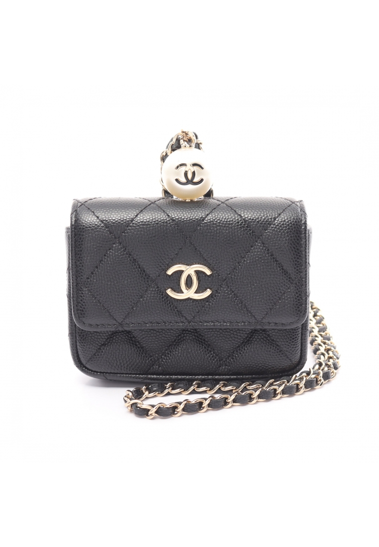 二奢 Pre-loved Chanel matelasse chain flap coin purse coin purse Caviar skin Fake pearl black gold hardware