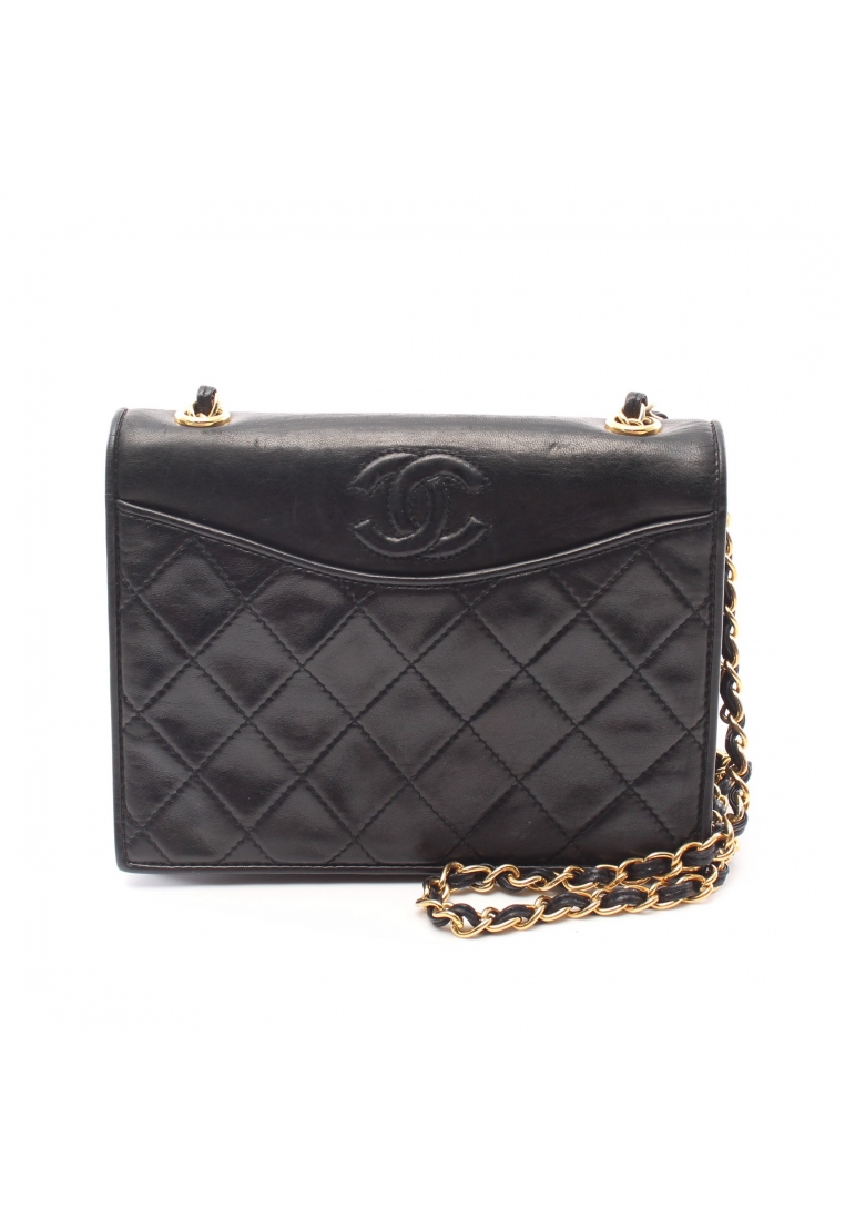 二奢 Pre-loved Chanel matelasse chain shoulder bag lambskin black gold hardware vintage