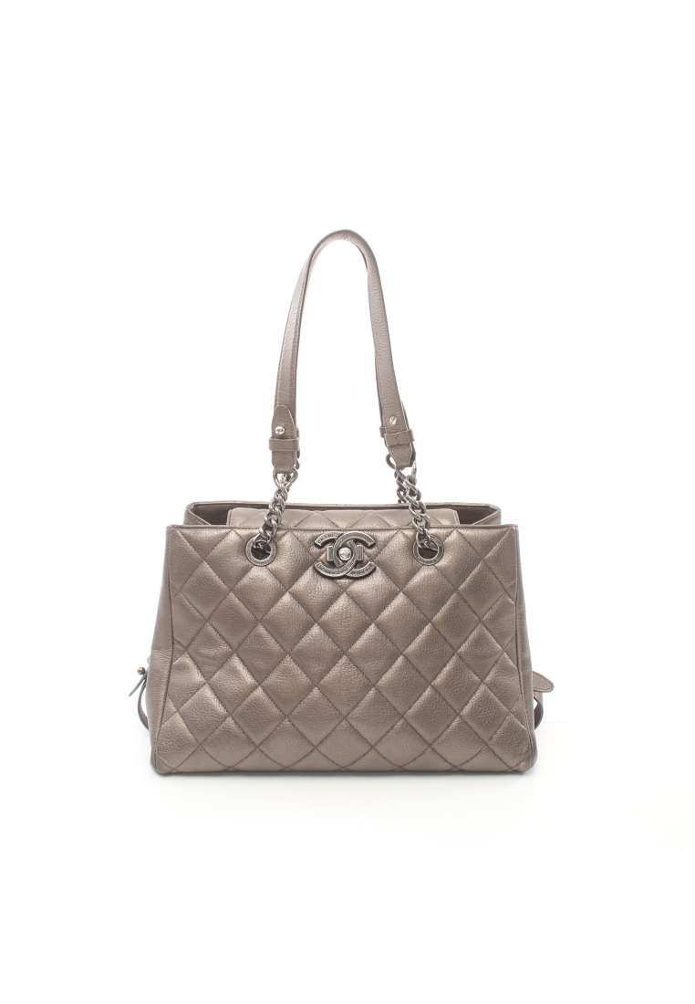 二奢 Pre-loved Chanel matelasse chain shoulder bag chain tote bag leather Gray brown antique silver hardware metallic