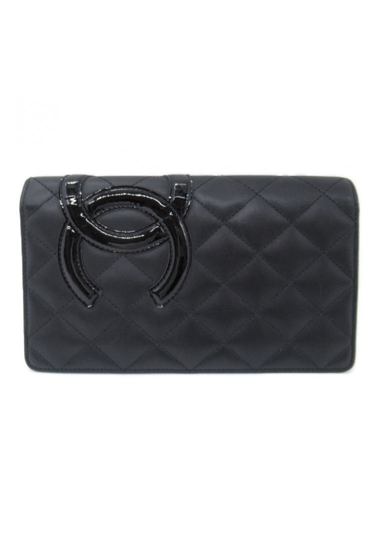 二奢 Pre-loved Chanel Cambon line Zip Long Wallet Bi-fold Long Wallet leather enamel black black silver hardware