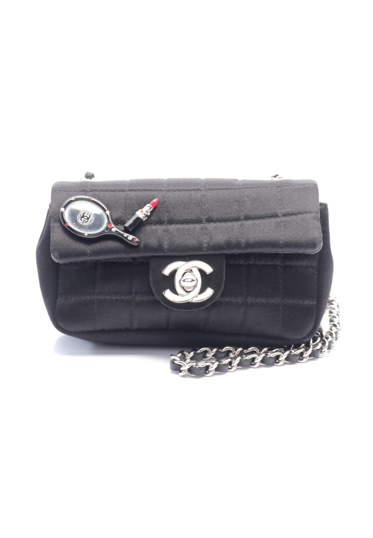 二奢 Pre-loved Chanel chocolate bar chain shoulder bag satin leather black silver hardware lip mirror