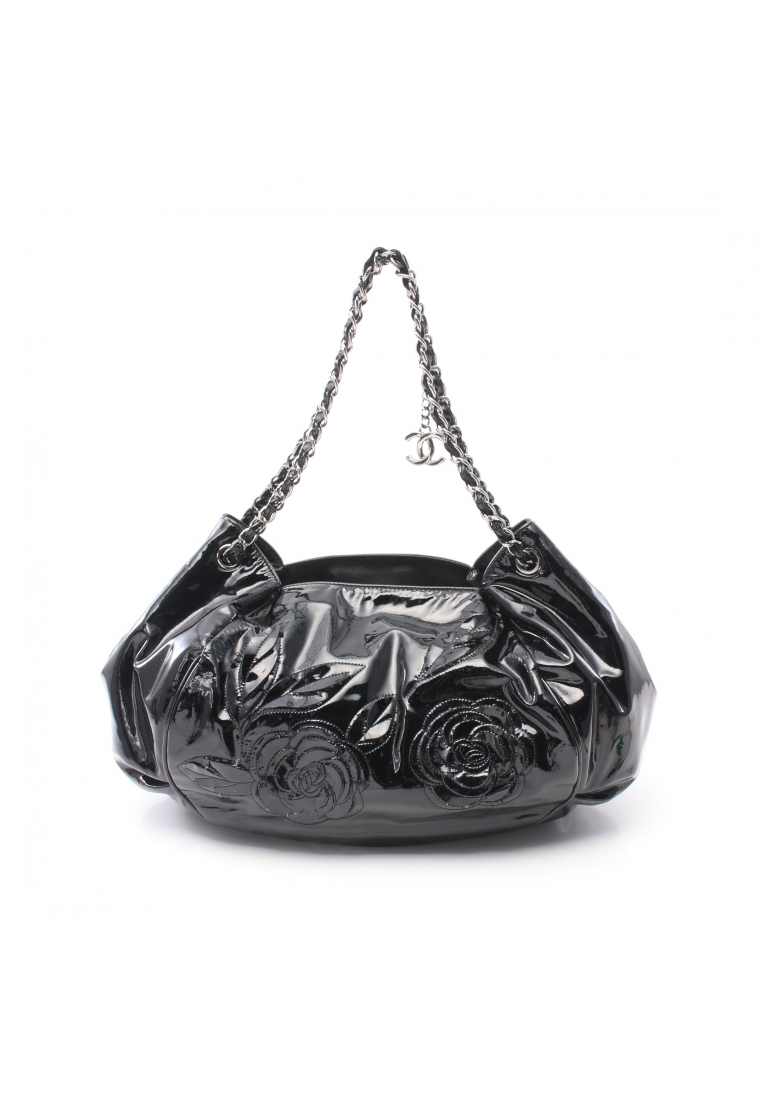 二奢 Pre-loved Chanel camellia W chain shoulder bag Patent leather black silver hardware