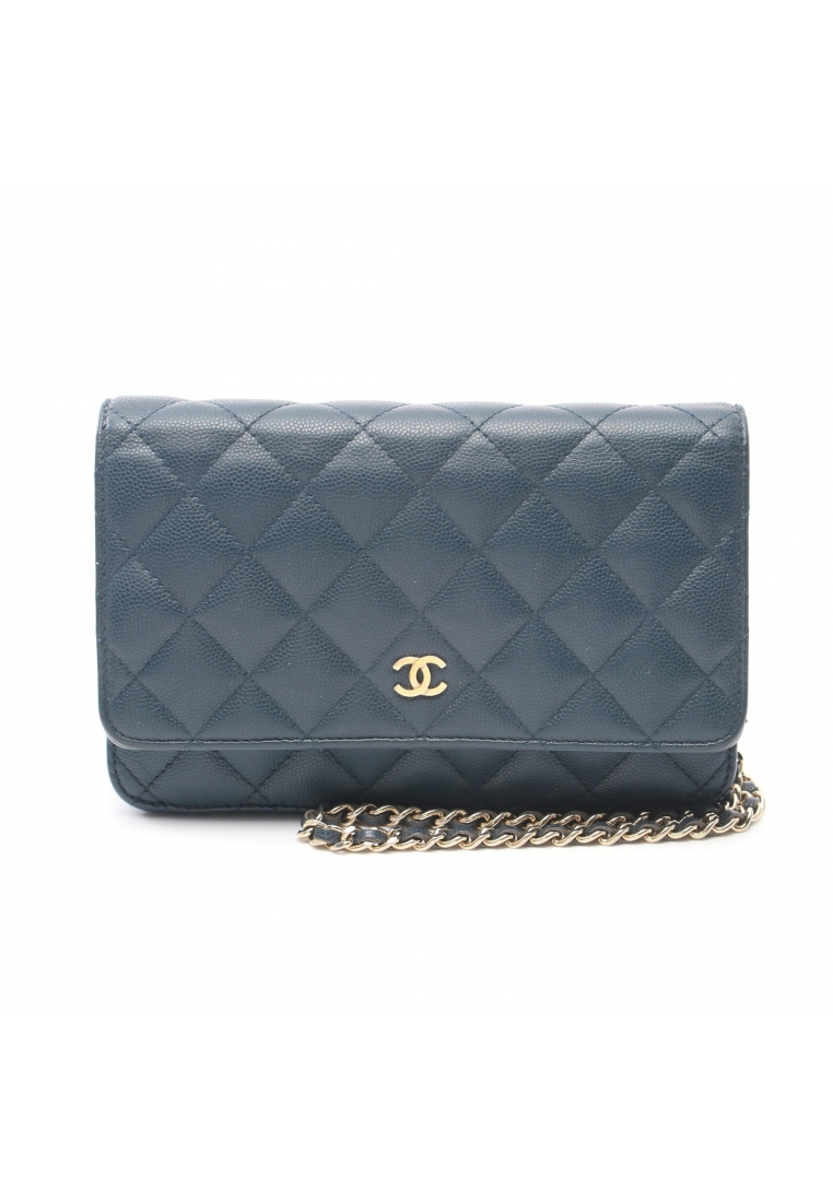 CHANEL 二奢 Pre-loved Chanel matelasse chain wallet Caviar skin dark blue gold hardware