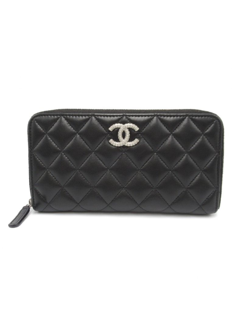 二奢 Pre-loved Chanel Round long wallet round zipper wallet Lambskin (sheepskin) black silver hardware