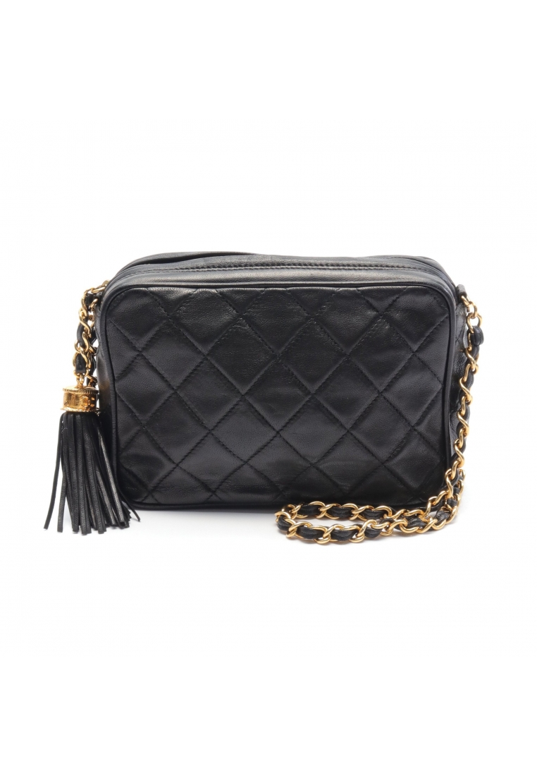 二奢 Pre-loved Chanel matelasse chain shoulder bag lambskin black gold hardware tassel vintage