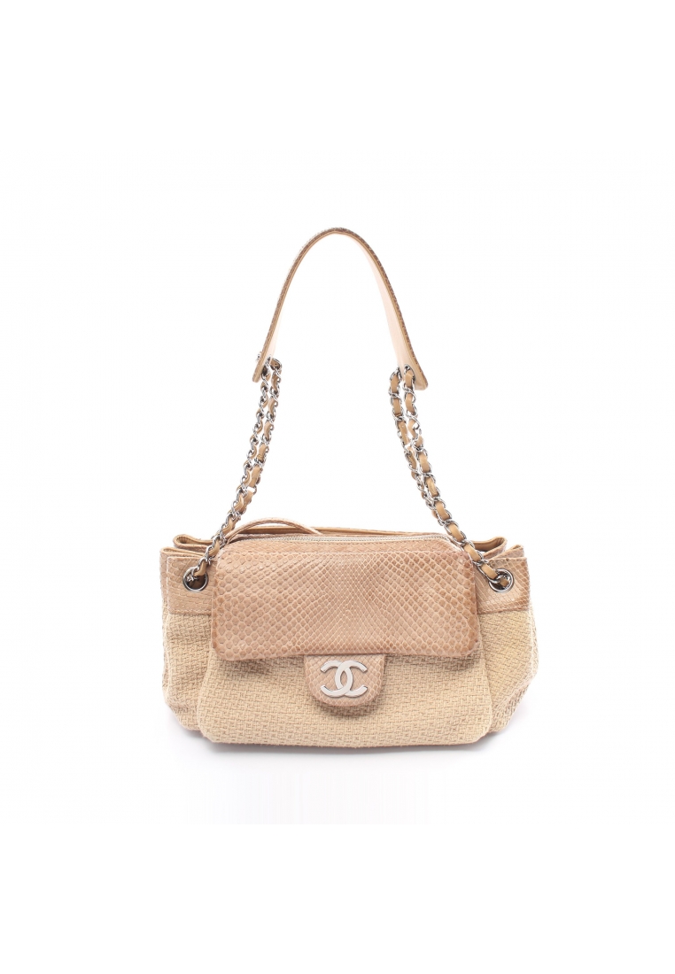 二奢 Pre-loved Chanel coco mark chain shoulder bag fabric Python Snake Skin beige silver hardware