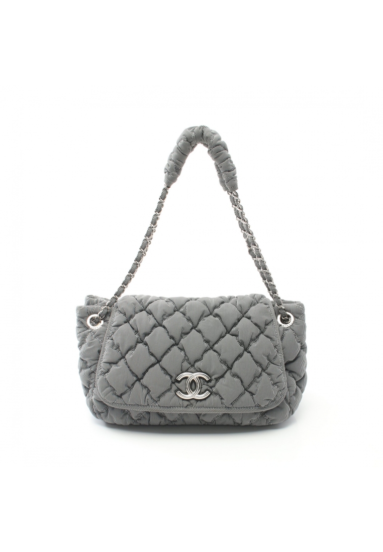 CHANEL 二奢 Pre-loved Chanel matelasse chain shoulder bag stripe fabric gray black silver hardware