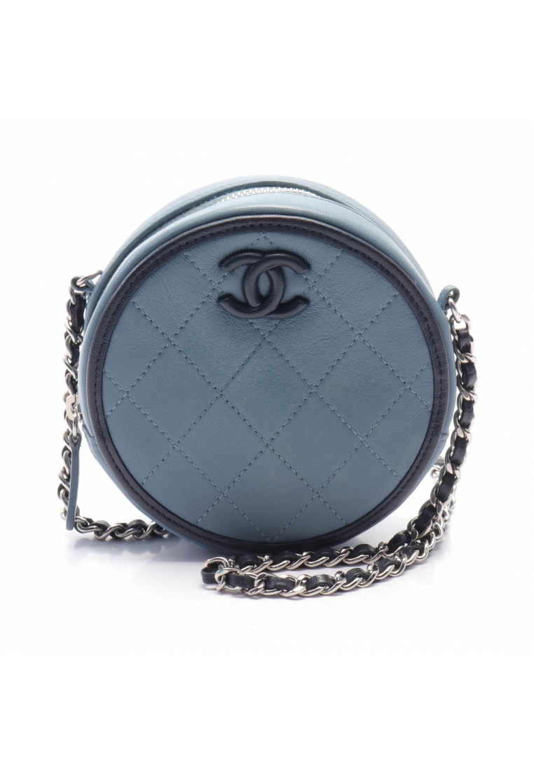 CHANEL 二奢 Pre-loved Chanel matelasse chain shoulder bag Circle lambskin Blue gray Navy silver hardware
