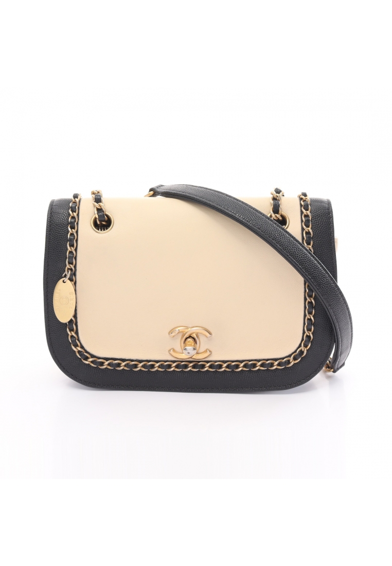 二奢 Pre-loved Chanel coco mark W chain shoulder bag leather Caviar skin beige black gold hardware