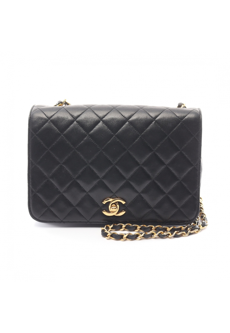 CHANEL 二奢 Pre-loved Chanel matelasse full flap chain shoulder bag lambskin black gold hardware vintage