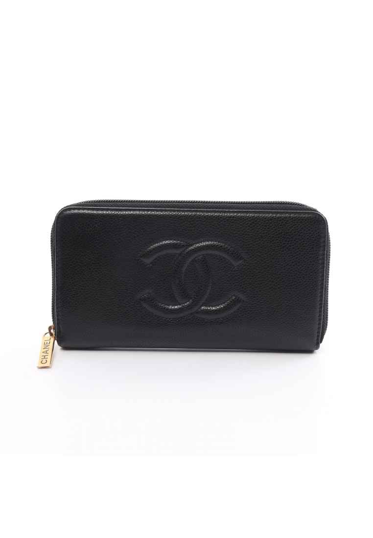 二奢 Pre-loved Chanel coco mark round zipper long wallet Caviar skin black gold hardware