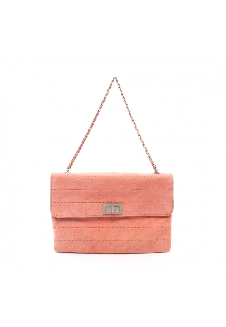 二奢 Pre-loved Chanel 2.55 chocolate bar chain handbag suede Coral pink silver hardware