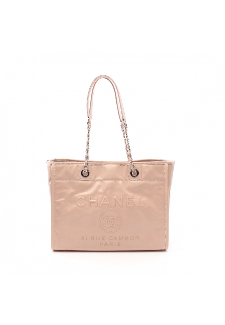 二奢 Pre-loved Chanel Deauville chain shoulder bag chain tote bag leather pink beige silver hardware
