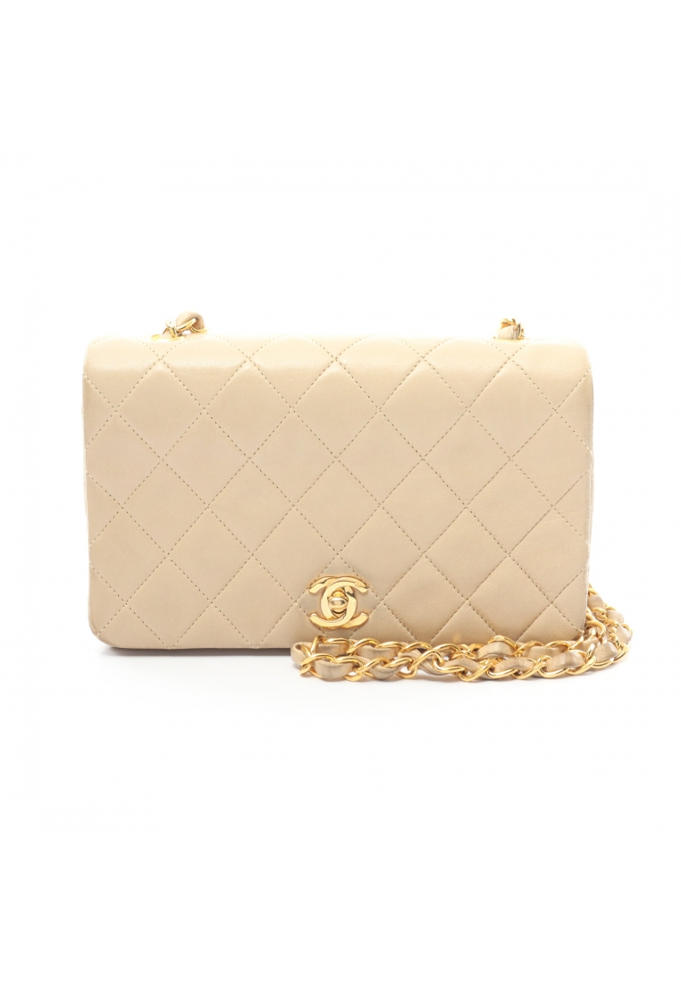 CHANEL 二奢 Pre-loved Chanel mini matelasse full flap chain shoulder bag lambskin beige gold hardware vintage