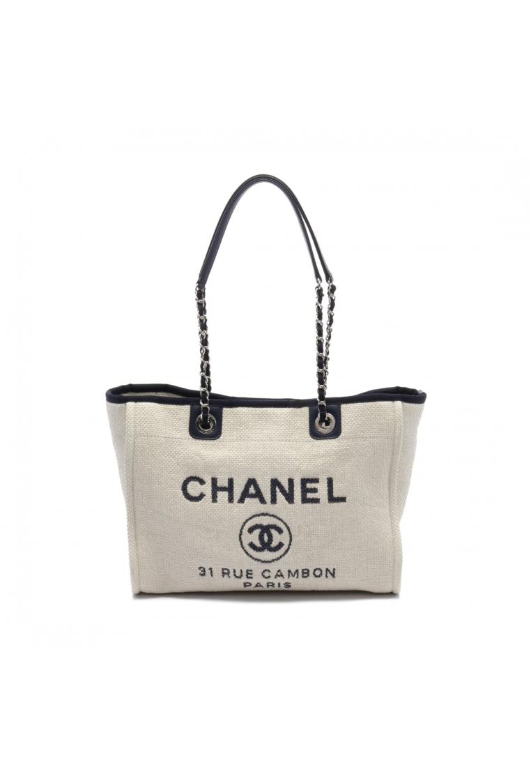 二奢 Pre-loved Chanel Deauville chain shoulder bag chain tote bag straw leather off white Navy silver hardware