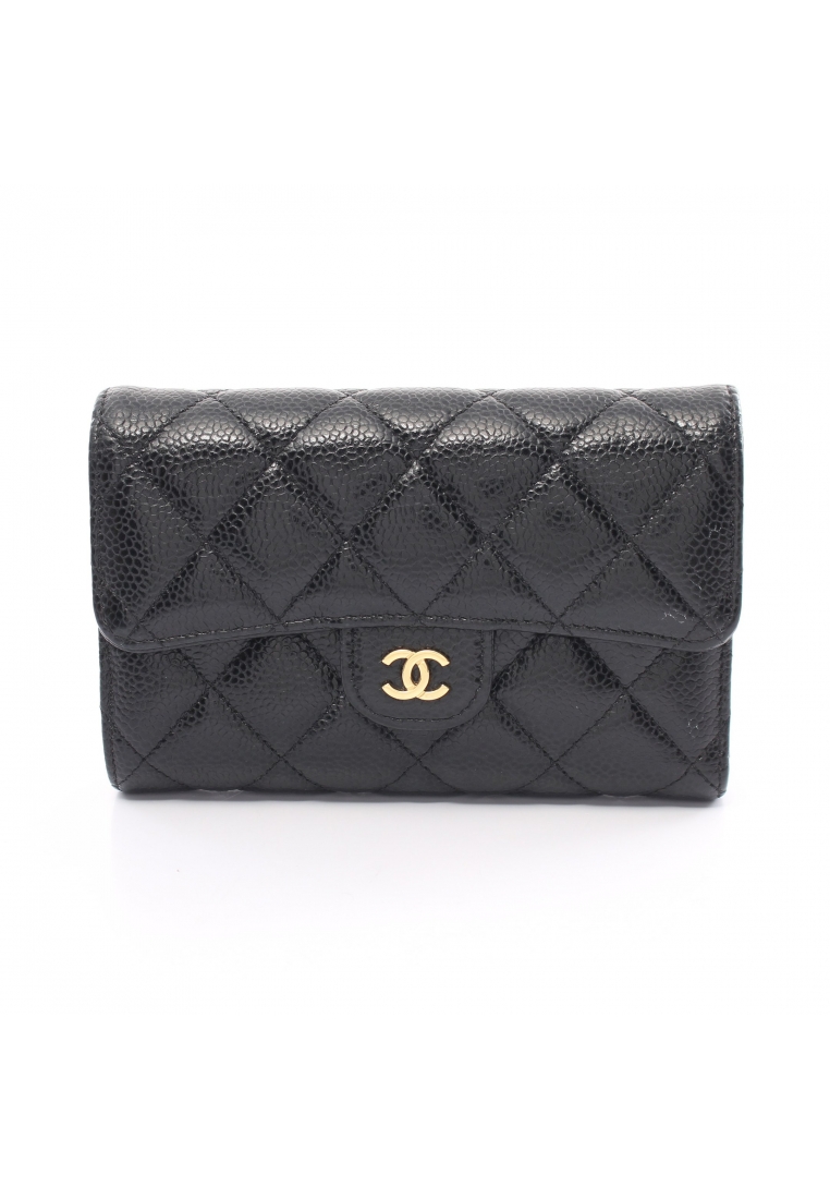 CHANEL 二奢 Pre-loved Chanel matelasse Medium classic flap wallet trifold wallet Caviar skin black gold hardware