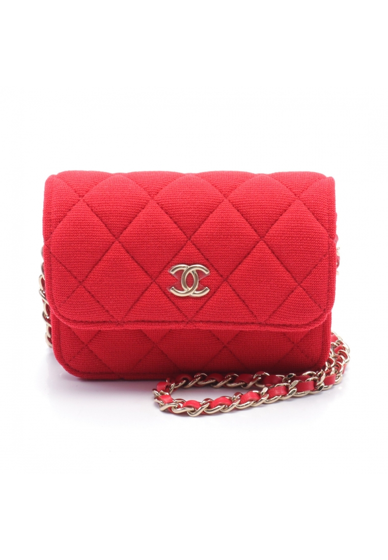 CHANEL 二奢 Pre-loved Chanel matelasse coin purse chain shoulder bag cotton jersey Red gold hardware