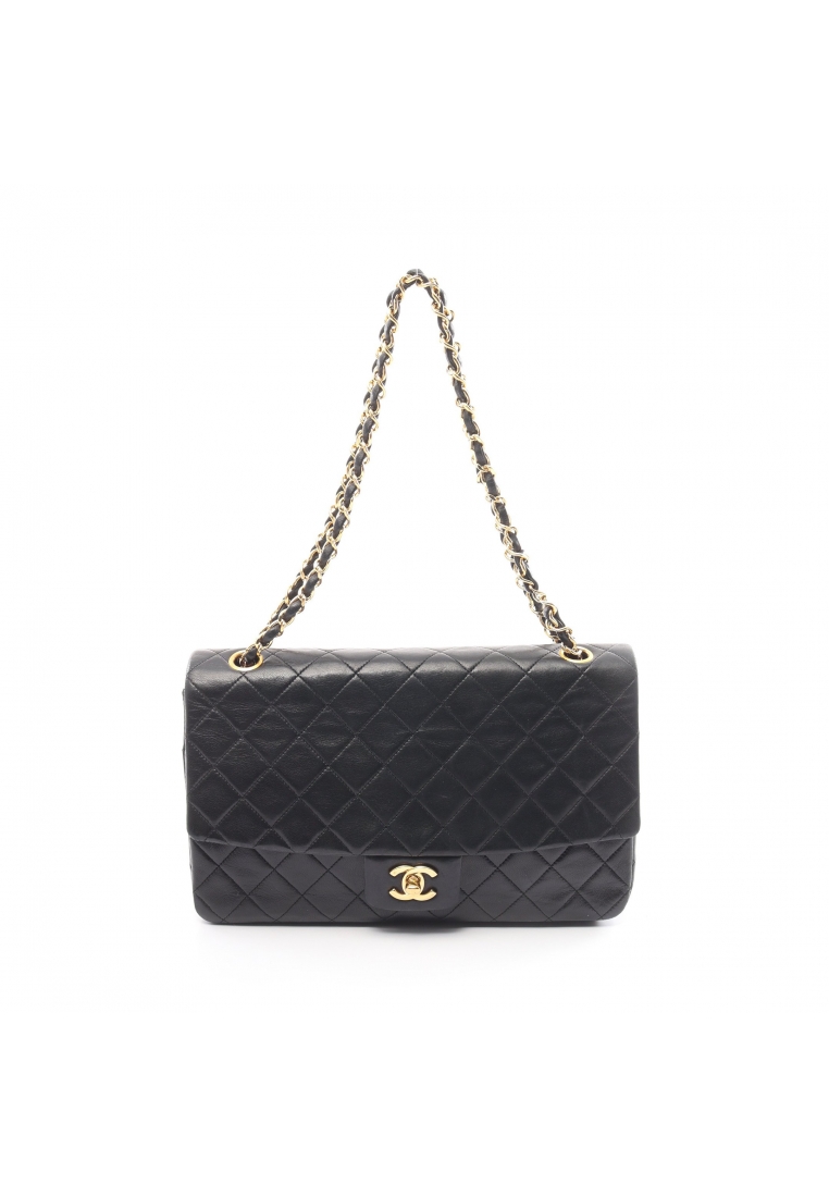 CHANEL 二奢 Pre-loved Chanel matelasse W chain shoulder bag lambskin black gold hardware vintage
