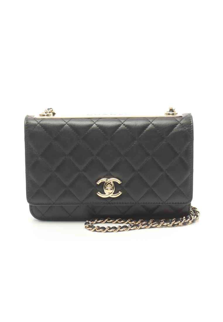 CHANEL 二奢 Pre-loved Chanel matelasse chain wallet lambskin black gold hardware