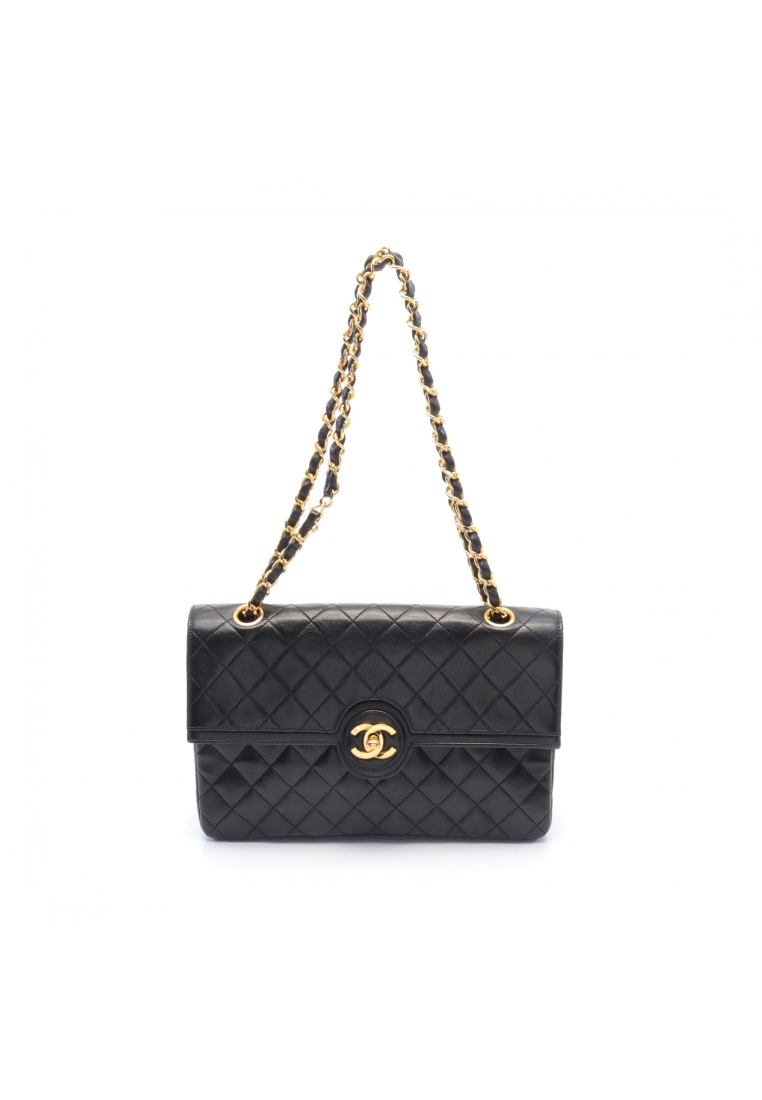 CHANEL 二奢 Pre-loved Chanel matelasse coco mark W chain shoulder bag lambskin black gold hardware turn lock vintage