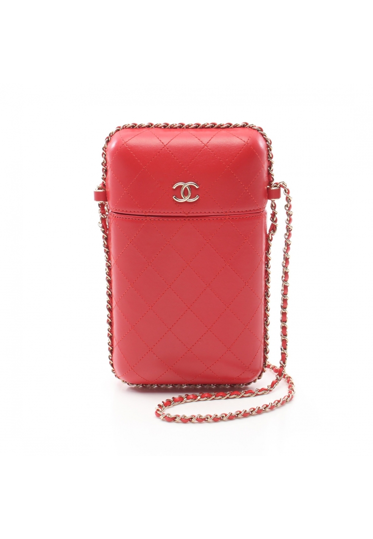 二奢 Pre-loved Chanel matelasse chain phone holder chain shoulder bag leather Red gold hardware
