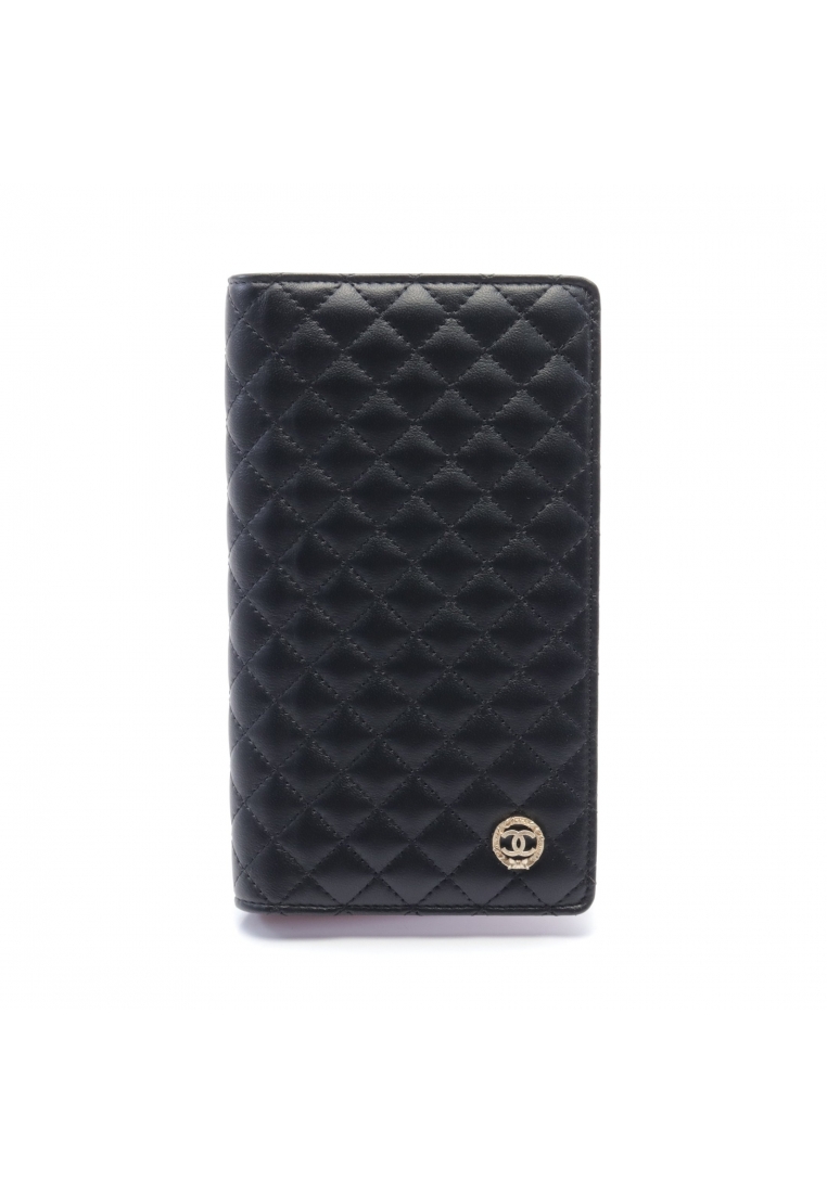 二奢 Pre-loved Chanel matelasse coco mark Bi-fold Long Wallet leather black gold hardware