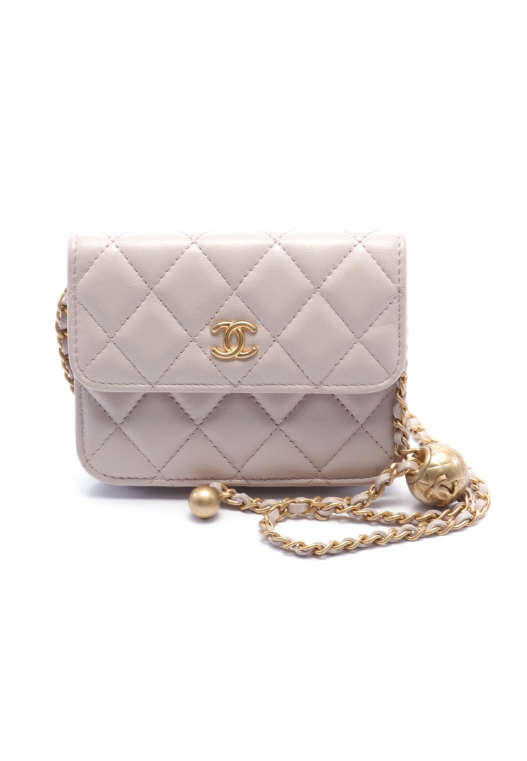 二奢 Pre-loved Chanel matelasse coin purse chain shoulder bag lambskin Gray beige gold hardware