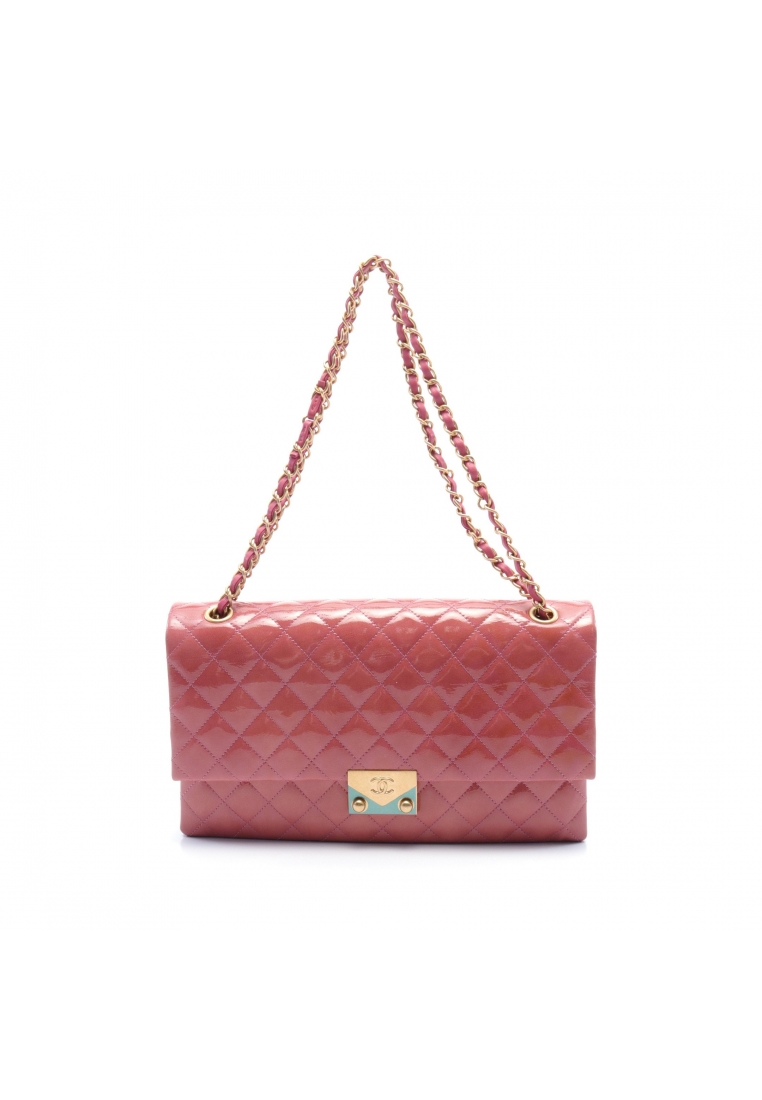 CHANEL 二奢 Pre-loved Chanel matelasse W chain shoulder bag Patent leather pink gold hardware