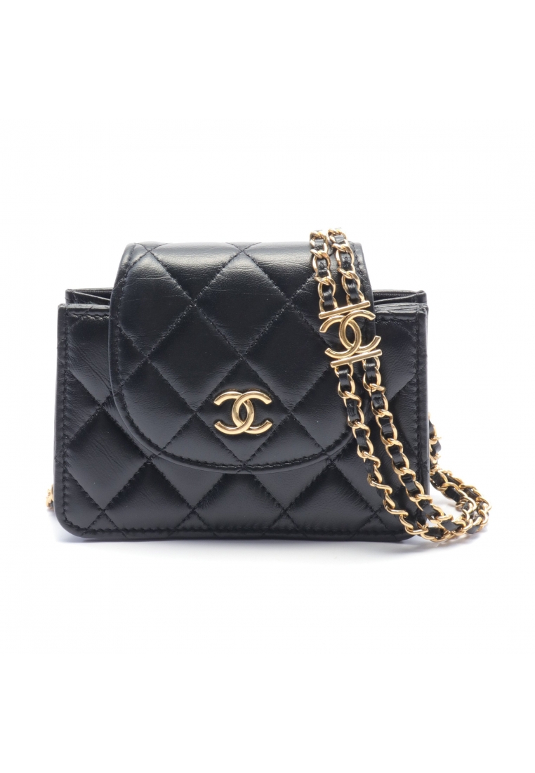 CHANEL 二奢 Pre-loved Chanel mini matelasse chain shoulder bag lambskin black gold hardware
