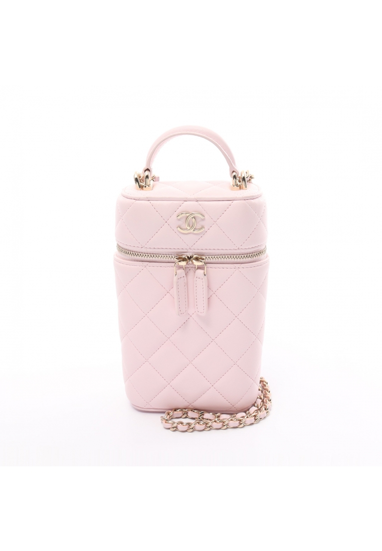二奢 Pre-loved Chanel matelasse Vanity phone case chain shoulder bag lambskin Light pink gold hardware 2WAY