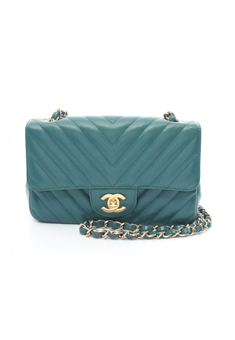 二奢 Pre-loved Chanel Chevron V-stitch chain shoulder bag Caviar skin Blue green gold hardware