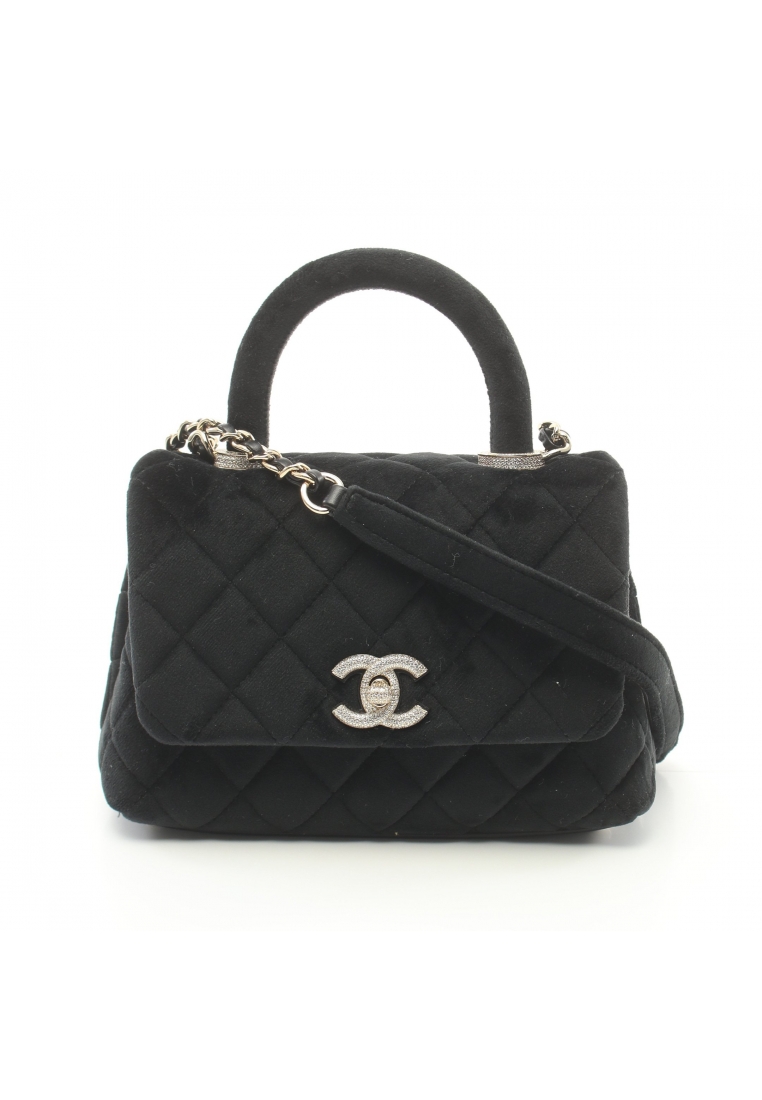 二奢 Pre-loved Chanel coco handle mini Handbag velvet black gold hardware 2WAY