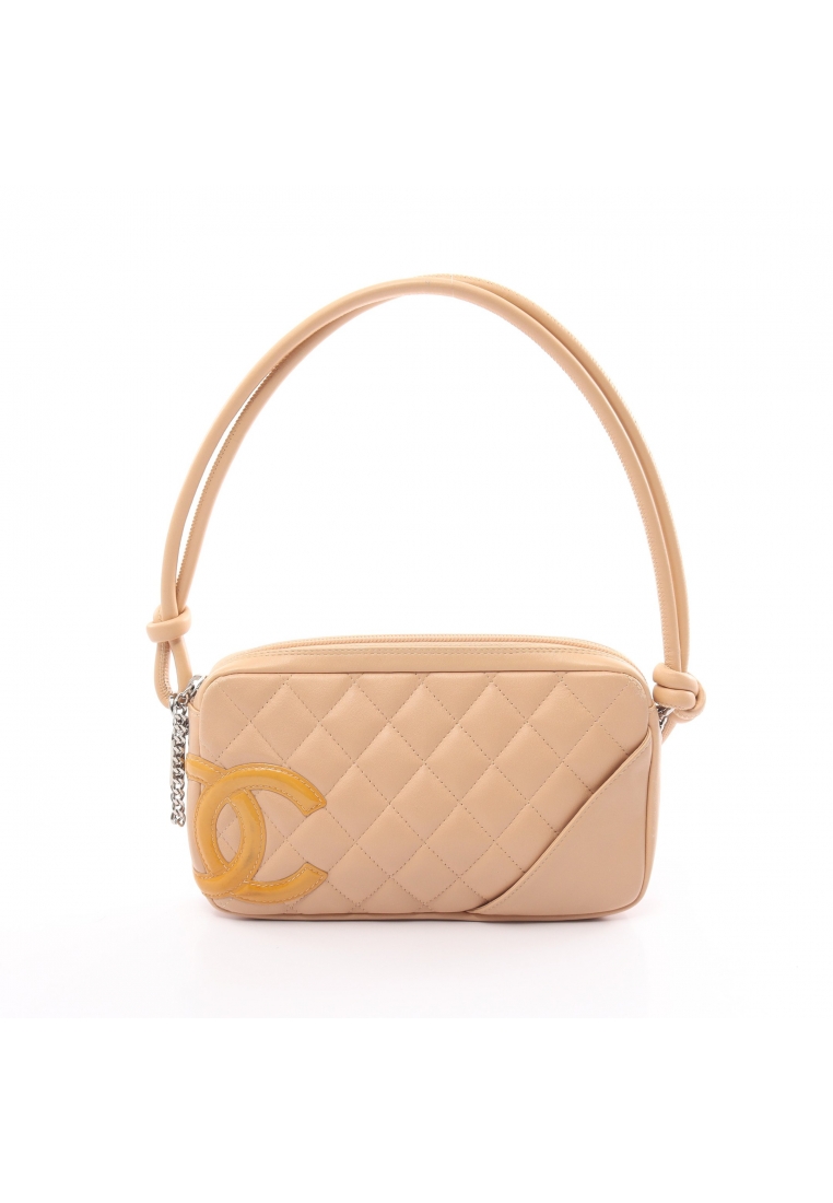 二奢 Pre-loved Chanel Cambon line accessory pouch Handbag leather Patent leather beige silver hardware