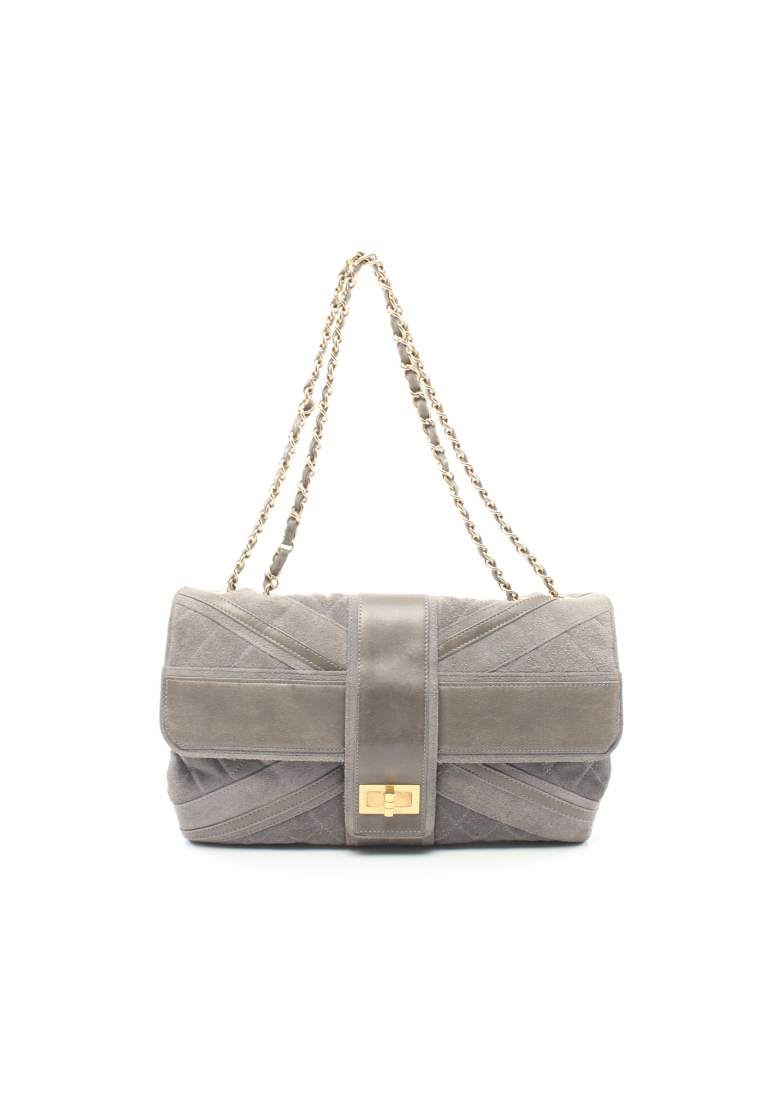 二奢 Pre-loved Chanel union jack 2.55 chain shoulder bag suede leather gray gold hardware