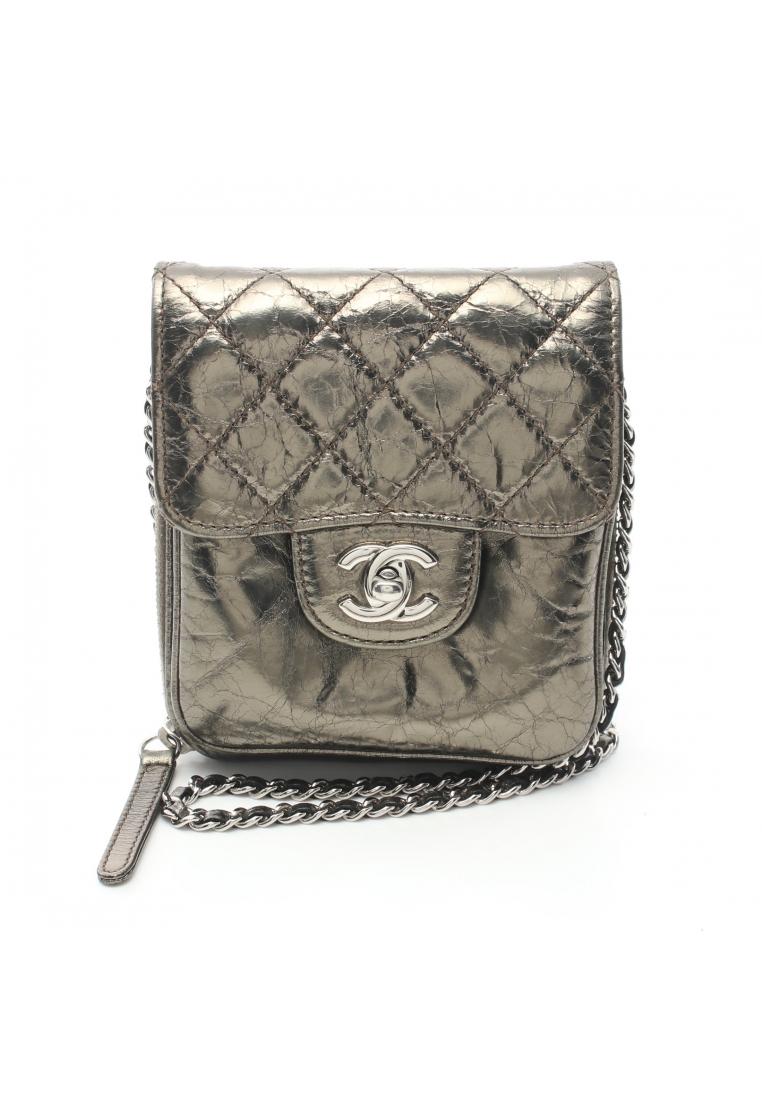 CHANEL 二奢 Pre-loved Chanel matelasse chain shoulder bag aged calfskin Khaki brown silver hardware metallic