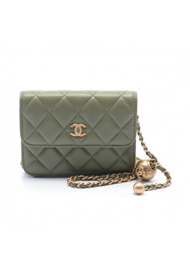 CHANEL 二奢 Pre-loved Chanel matelasse chain wallet lambskin gray green gold hardware