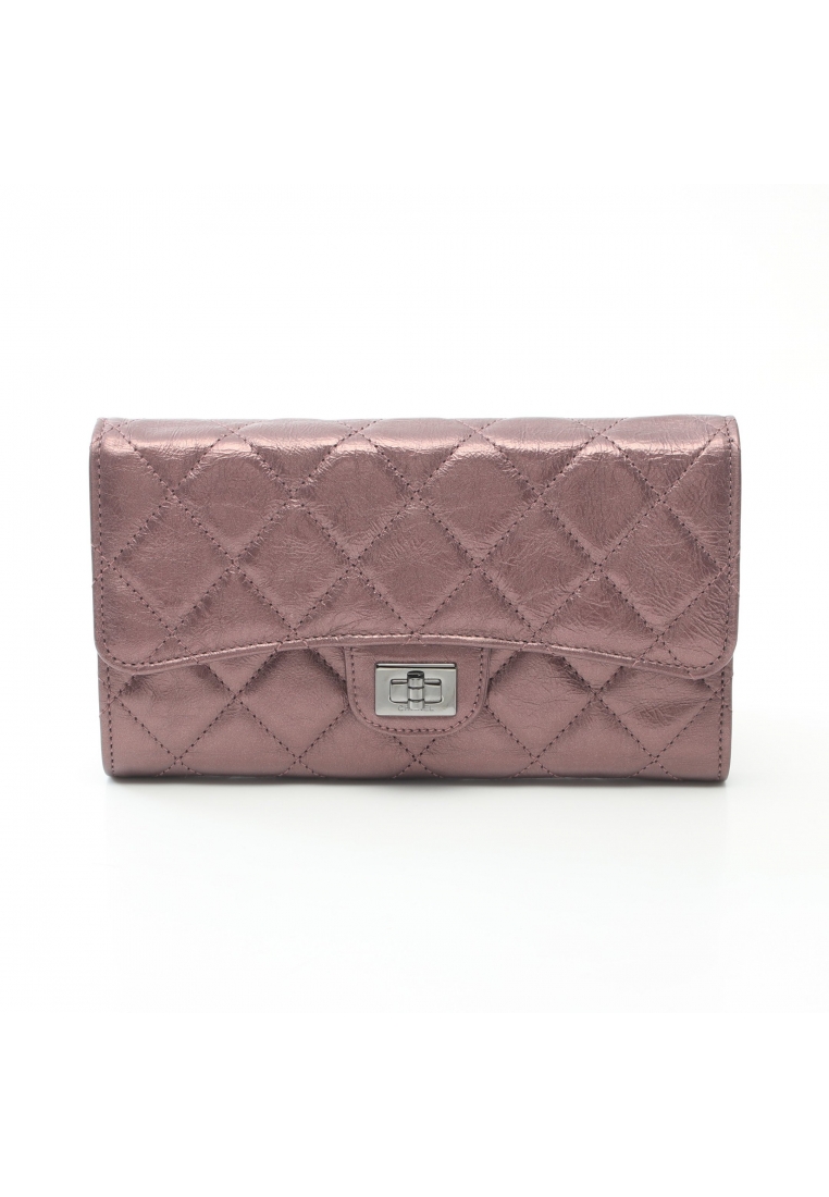 CHANEL 二奢 Pre-loved Chanel 2.55 matelasse trifold long wallet lambskin Dusty pink silver hardware metallic