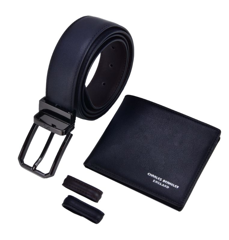 Charles Berkeley Nappa Leather Bifold Wallet & Gun Metal Buckle Leather Belt Combo Gift Set