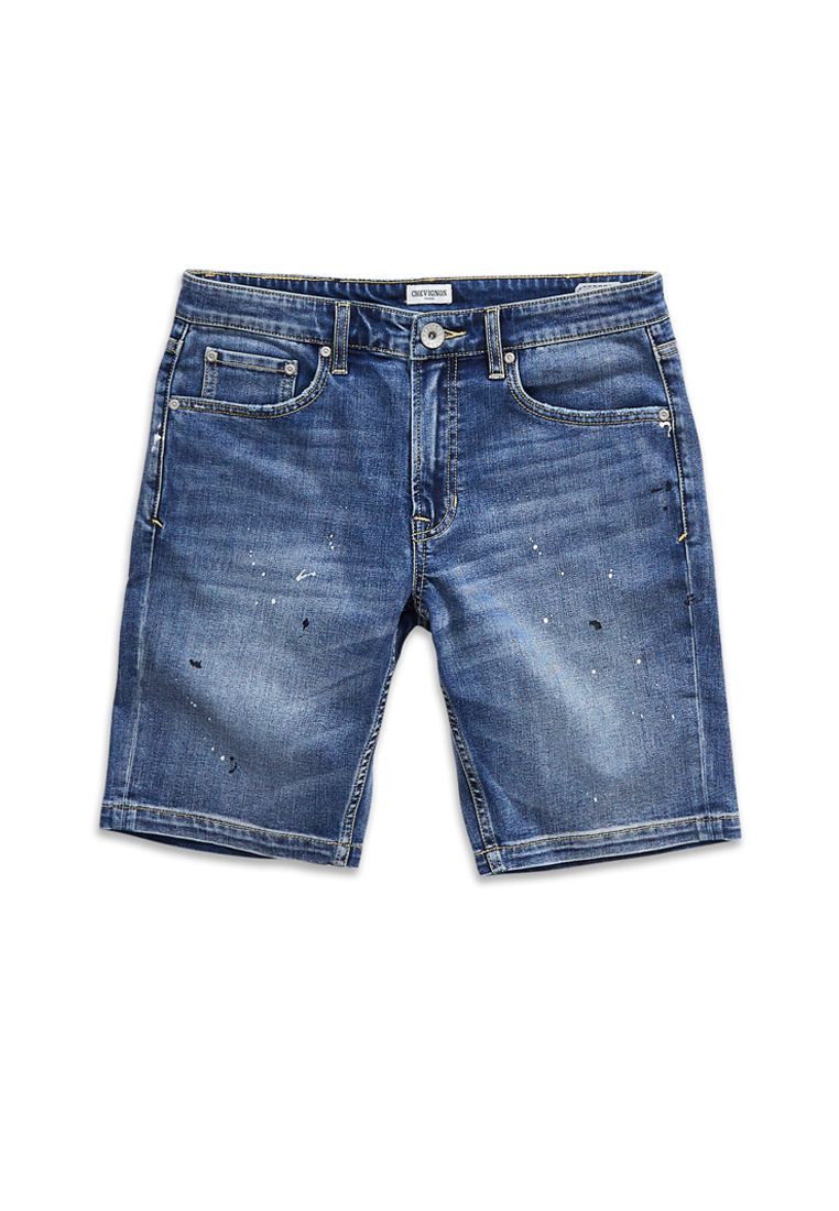 Chevignon Mens Mid Tone Vintage Wash Splatter Stretch Denim Shorts