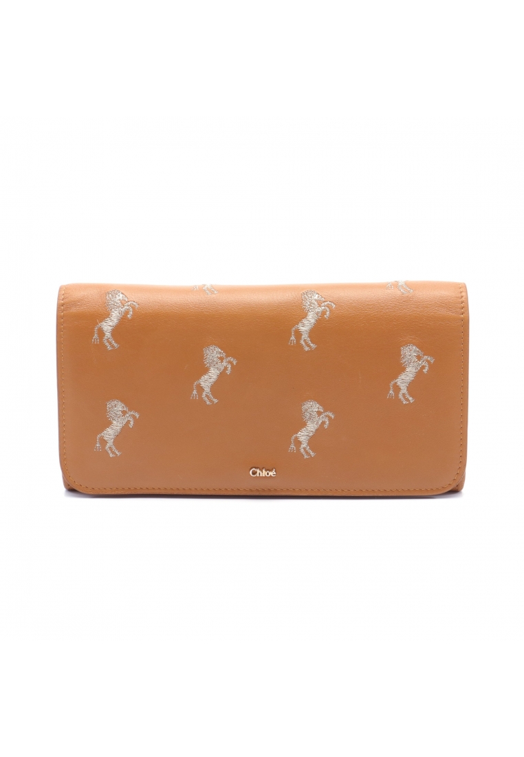 二奢 Pre-loved Chloé SIGNATURE little horse Bi-fold Long Wallet embroidery leather light brown