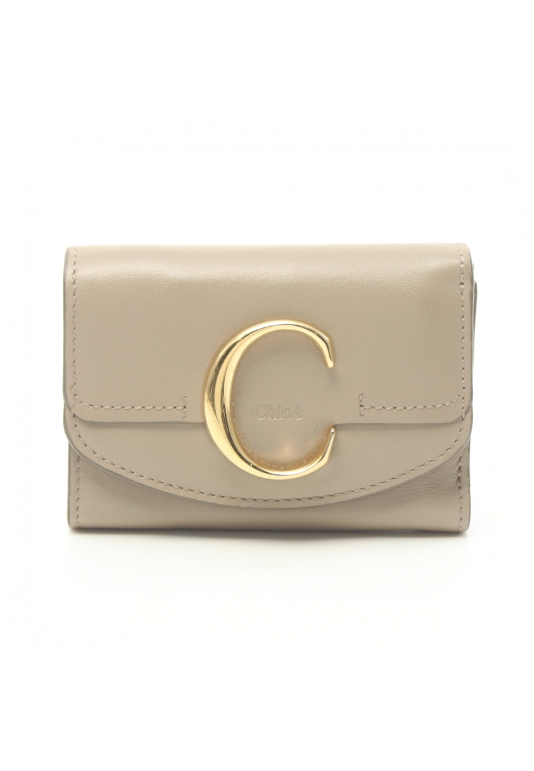 二奢 Pre-loved Chloé CHLOE C Croesie trifold wallet compact wallet leather Gray beige