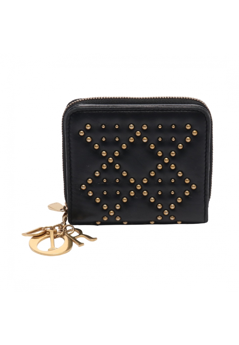 二奢 Pre-loved Christian Dior lady dior Bi-fold wallet leather black studs