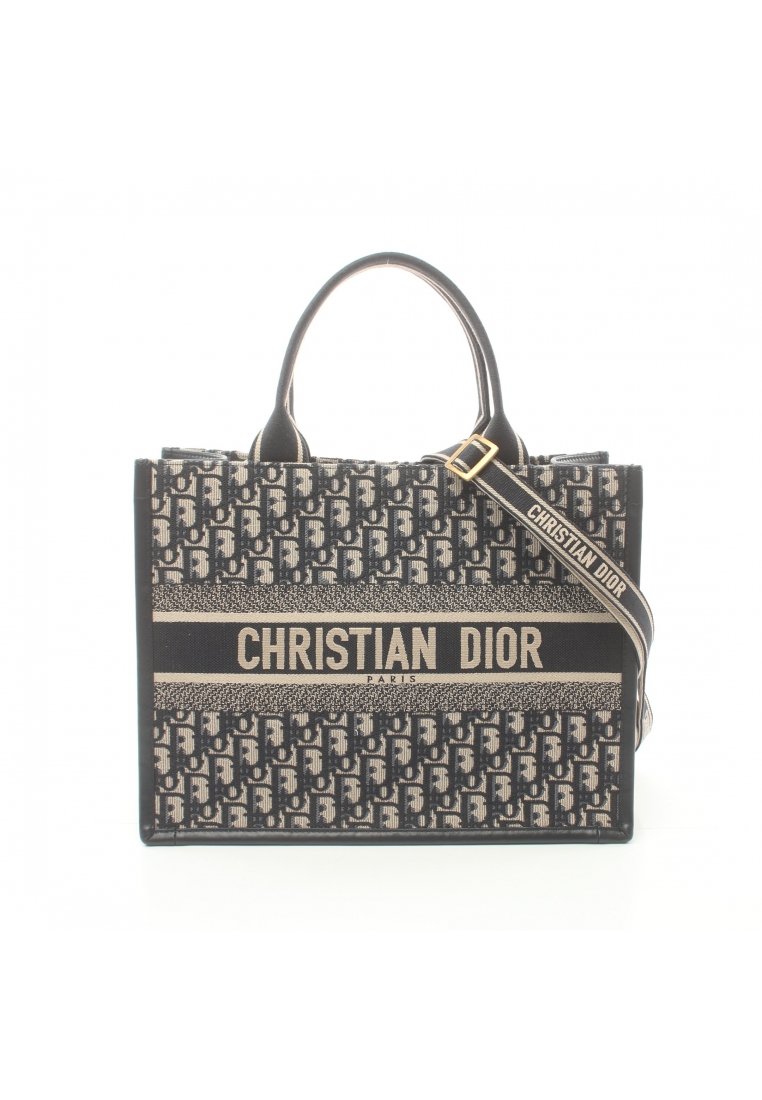 二奢 Pre-loved Christian Dior BOOK TOTE book tote oblique embroidery Handbag tote bag canvas leather off white Navy 2WAY