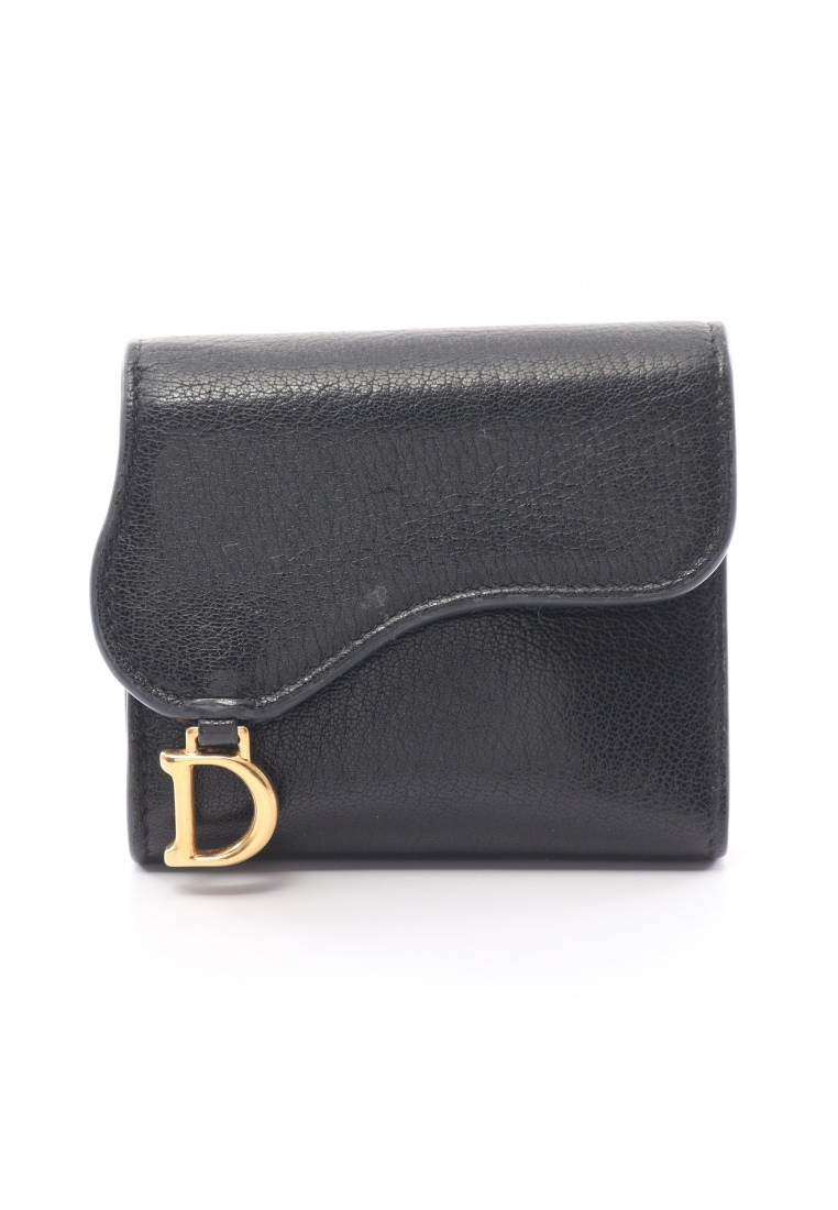 二奢 Pre-loved Christian Dior saddle lotus wallet trifold wallet leather black