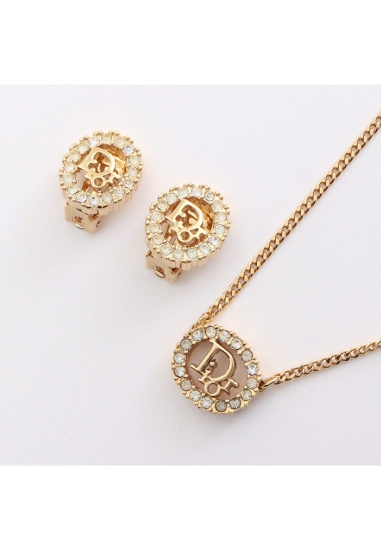 二奢 Pre-loved Christian Dior Dior logo earrings necklace GP Rhinestone gold clear 2 piece set